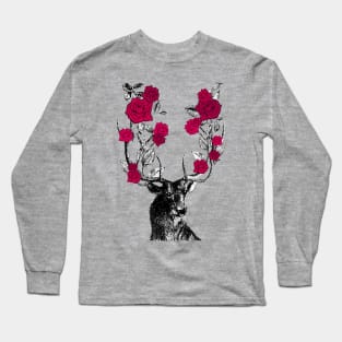 Stag and Roses | Stag and Flowers | Red Roses | Long Sleeve T-Shirt